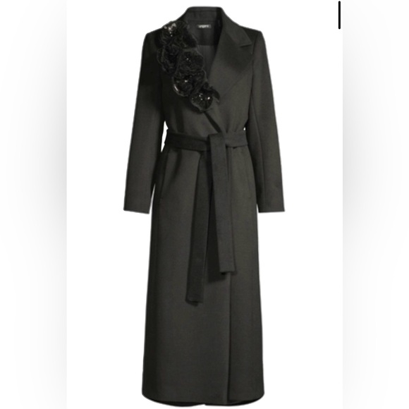 NWT UNGARO WOMEN'S CODY FLORAL EMBELLISHED WRAP COAT IN BLACK 55% WOOL - Picture 1 of 6